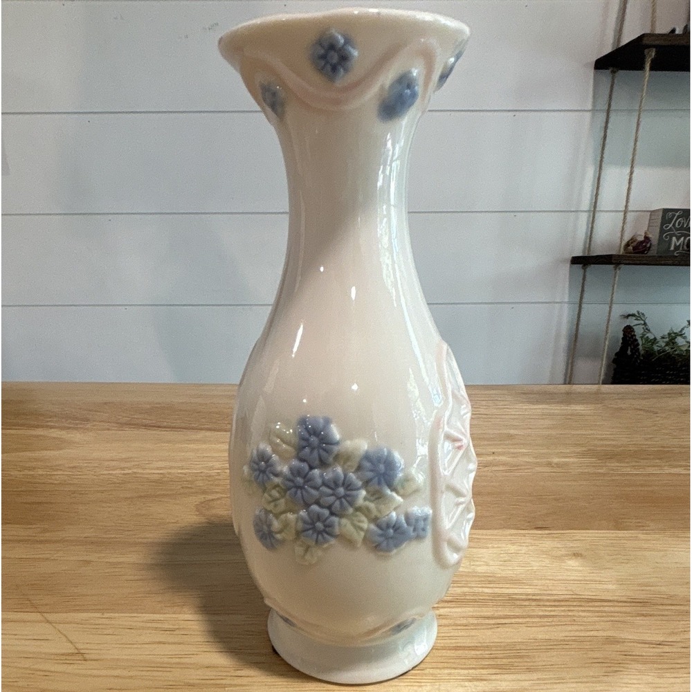 White Blue Ceramic Vase, Floral Flower Relief Design, Glossy Decorative Finish